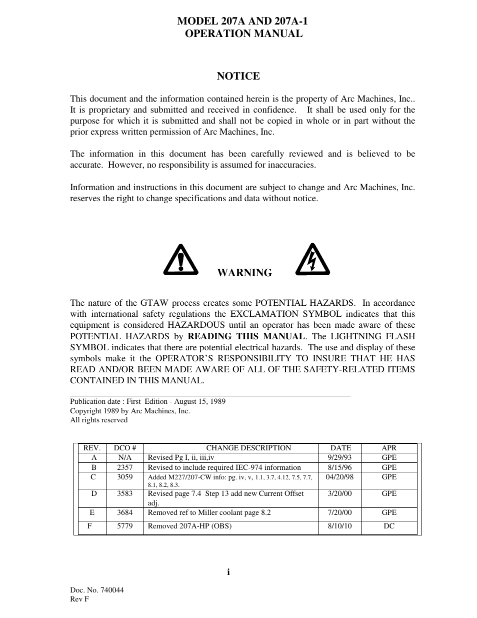 Notice, Warning | Arc Machines 207 User Manual | Page 2 / 77