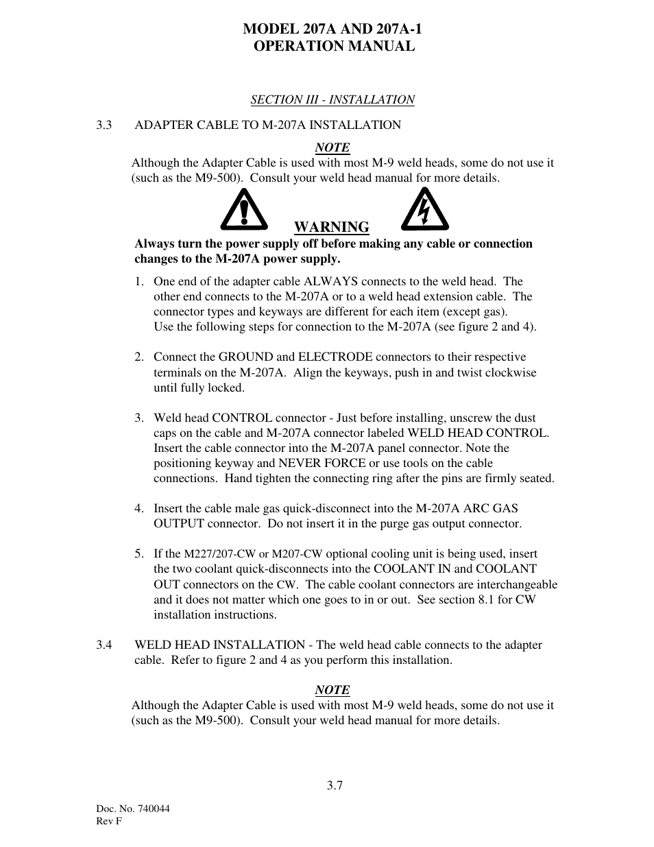 Warning | Arc Machines 207 User Manual | Page 20 / 77