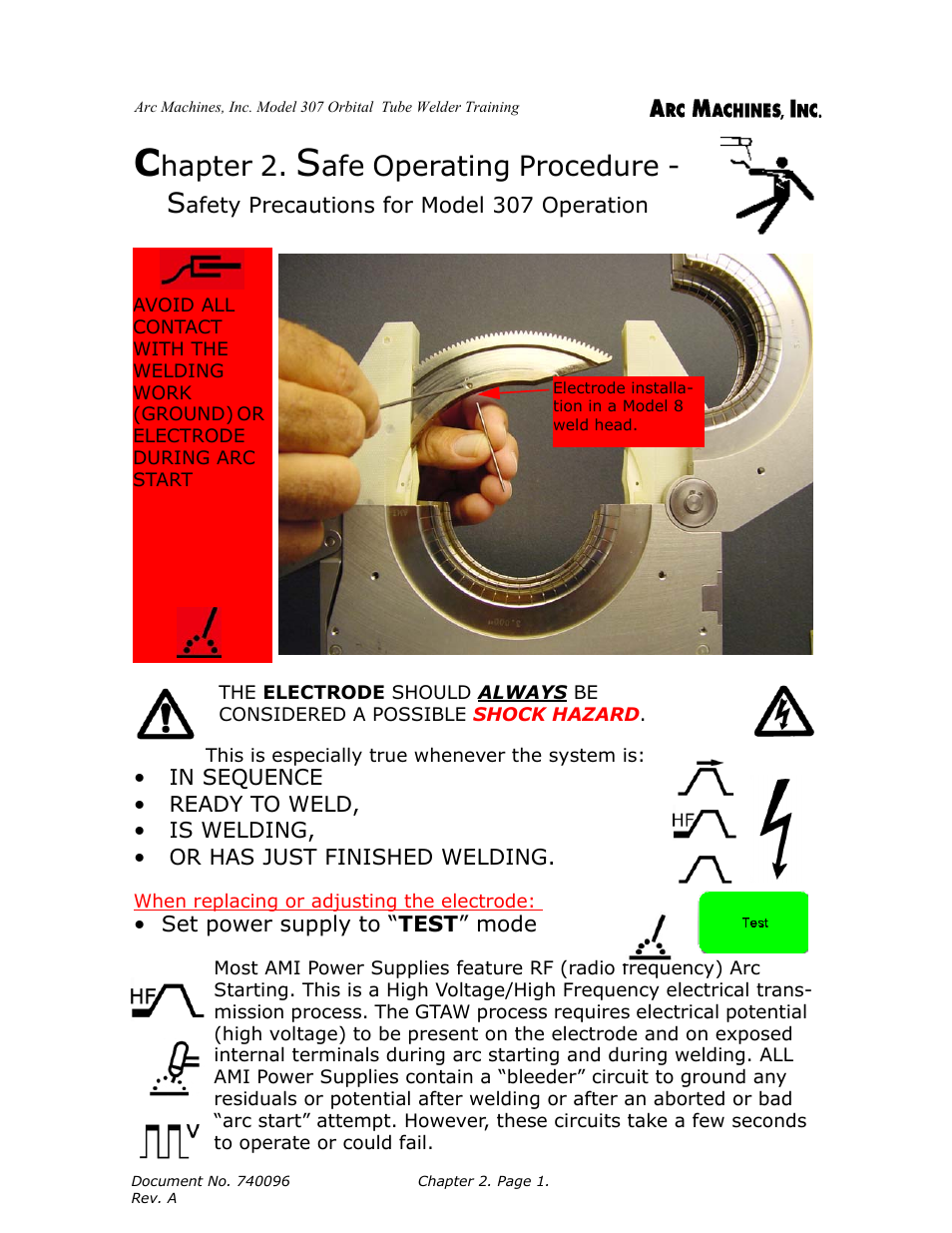 Hapter 2, Afe operating procedure - s | Arc Machines 307 User Manual | Page 10 / 190