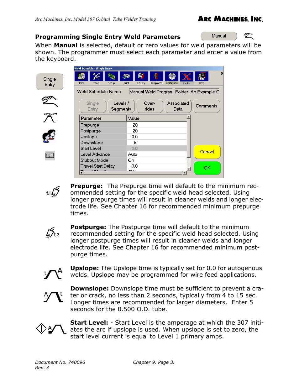 Programming single entry weld parameters | Arc Machines 307 User Manual | Page 107 / 190