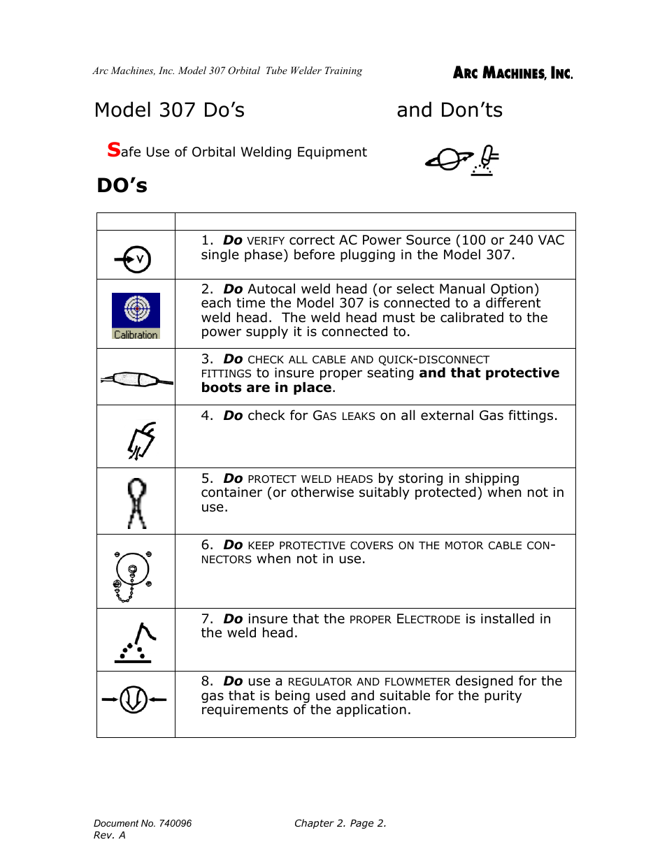 Model 307 do’s and don’ts, Do’s | Arc Machines 307 User Manual | Page 11 / 190