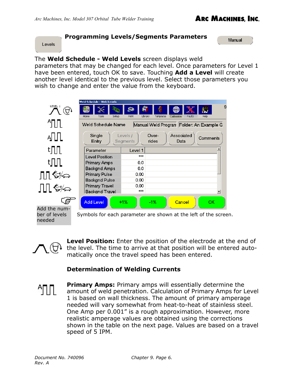 Programming levels/segments parameters, Determination of welding currents | Arc Machines 307 User Manual | Page 110 / 190
