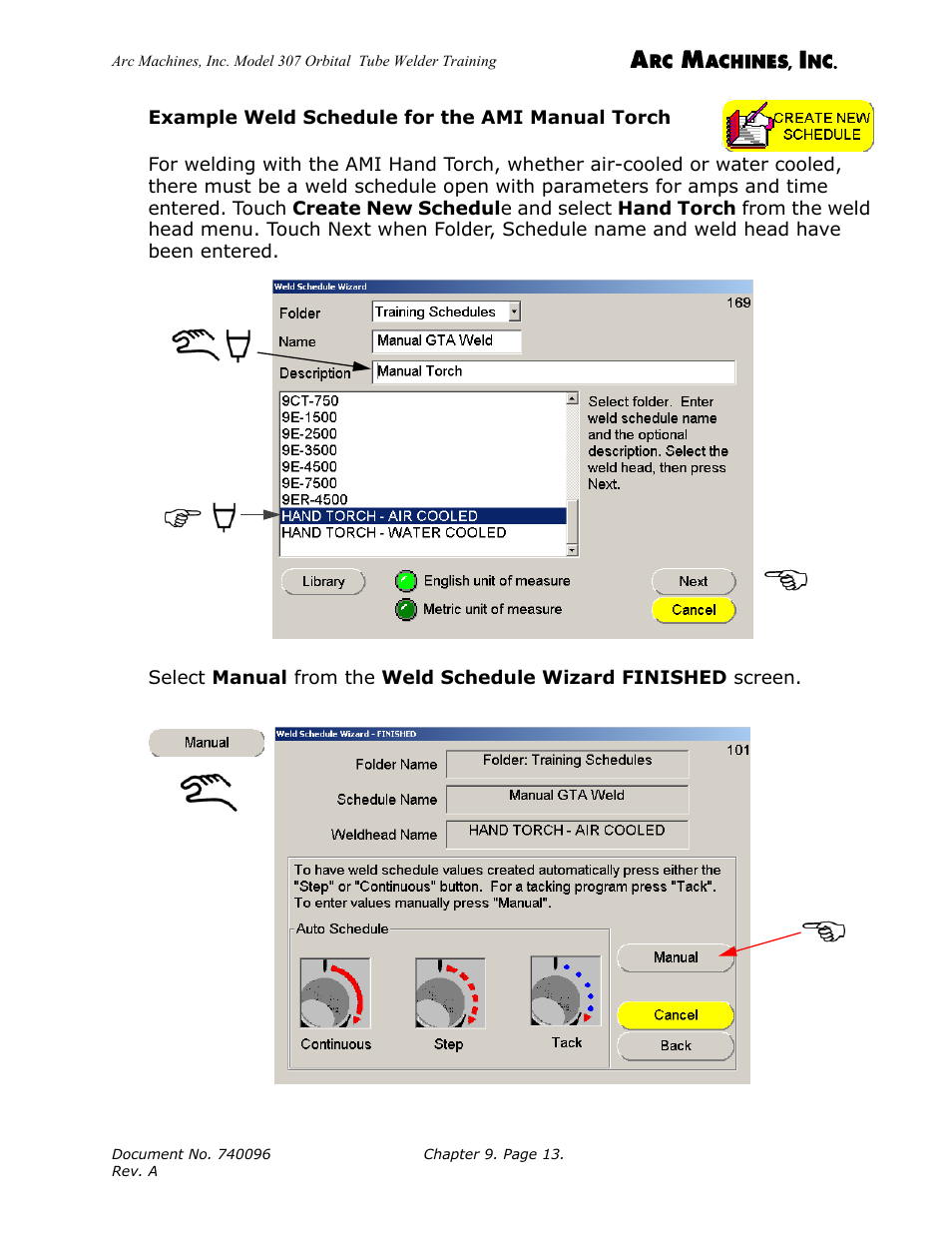 Example weld schedule for the ami manual torch | Arc Machines 307 User Manual | Page 117 / 190