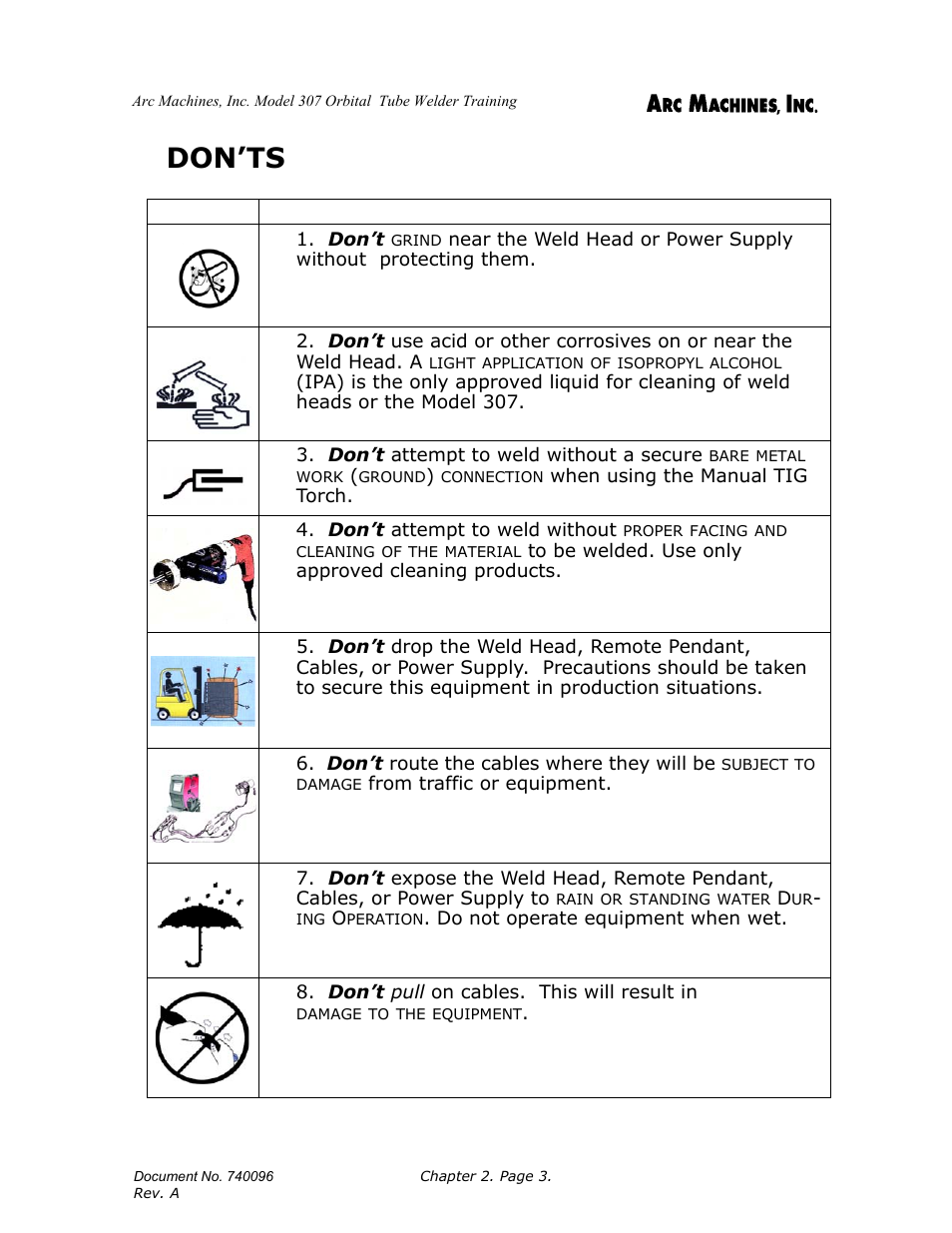 Don’ts | Arc Machines 307 User Manual | Page 12 / 190