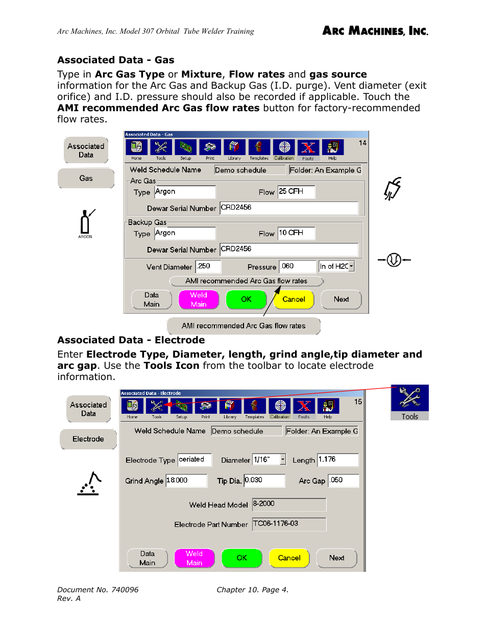 Associated data - gas, Associated data - electrode | Arc Machines 307 User Manual | Page 124 / 190