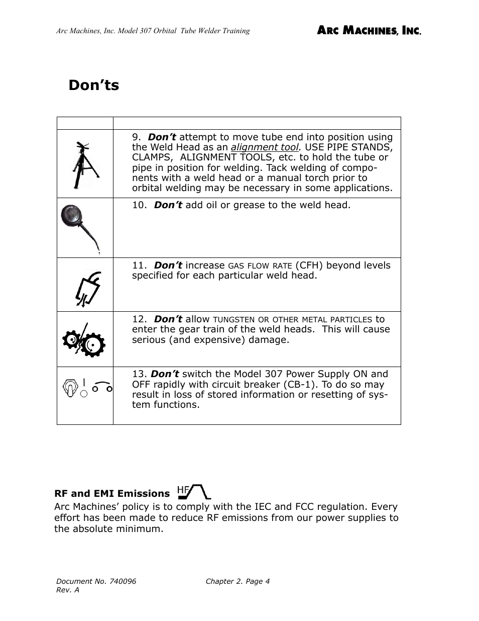 Rf and emi emissions, Don’ts | Arc Machines 307 User Manual | Page 13 / 190