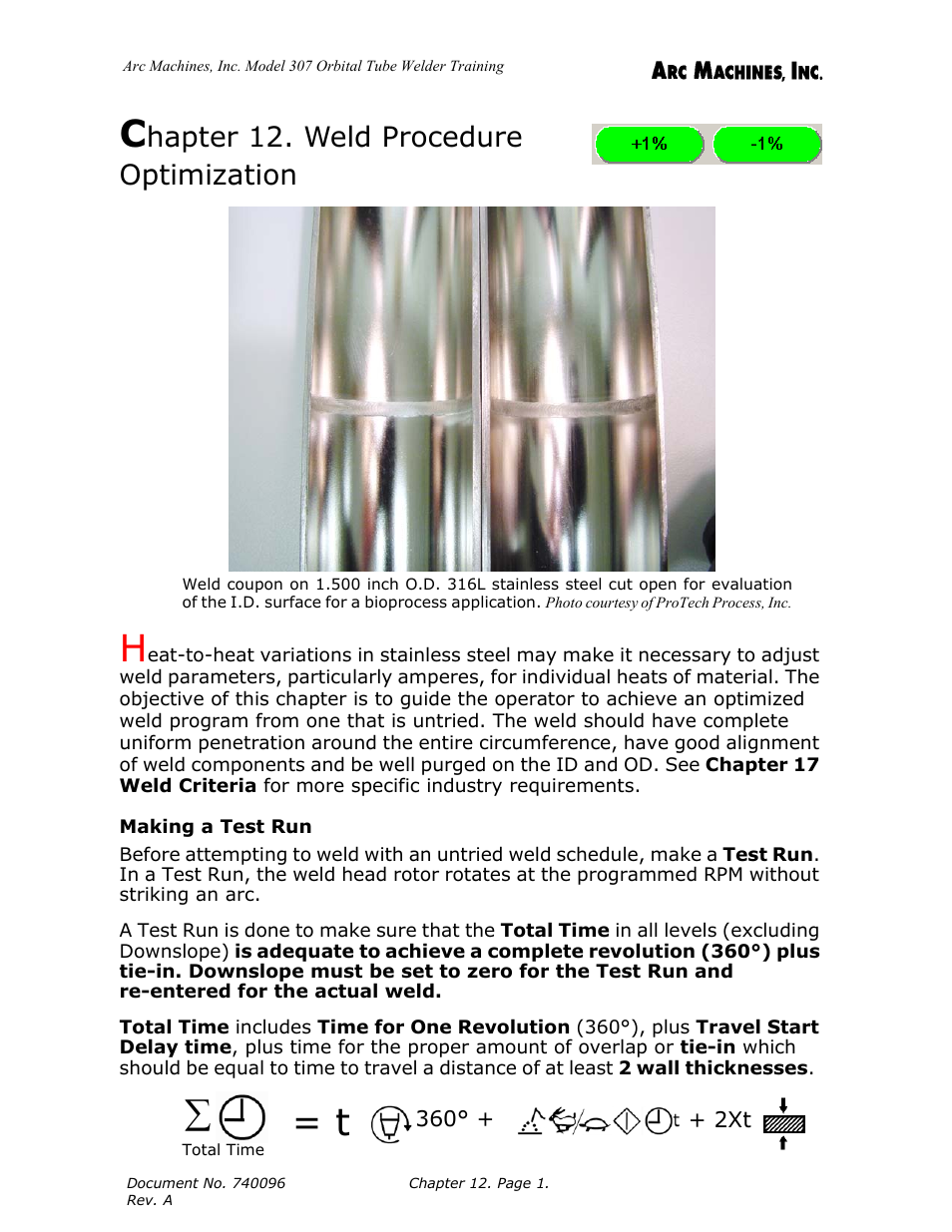 Chapter 12. weld procedure optimization, Making a test run, Hapter 12. weld procedure optimization | Arc Machines 307 User Manual | Page 130 / 190
