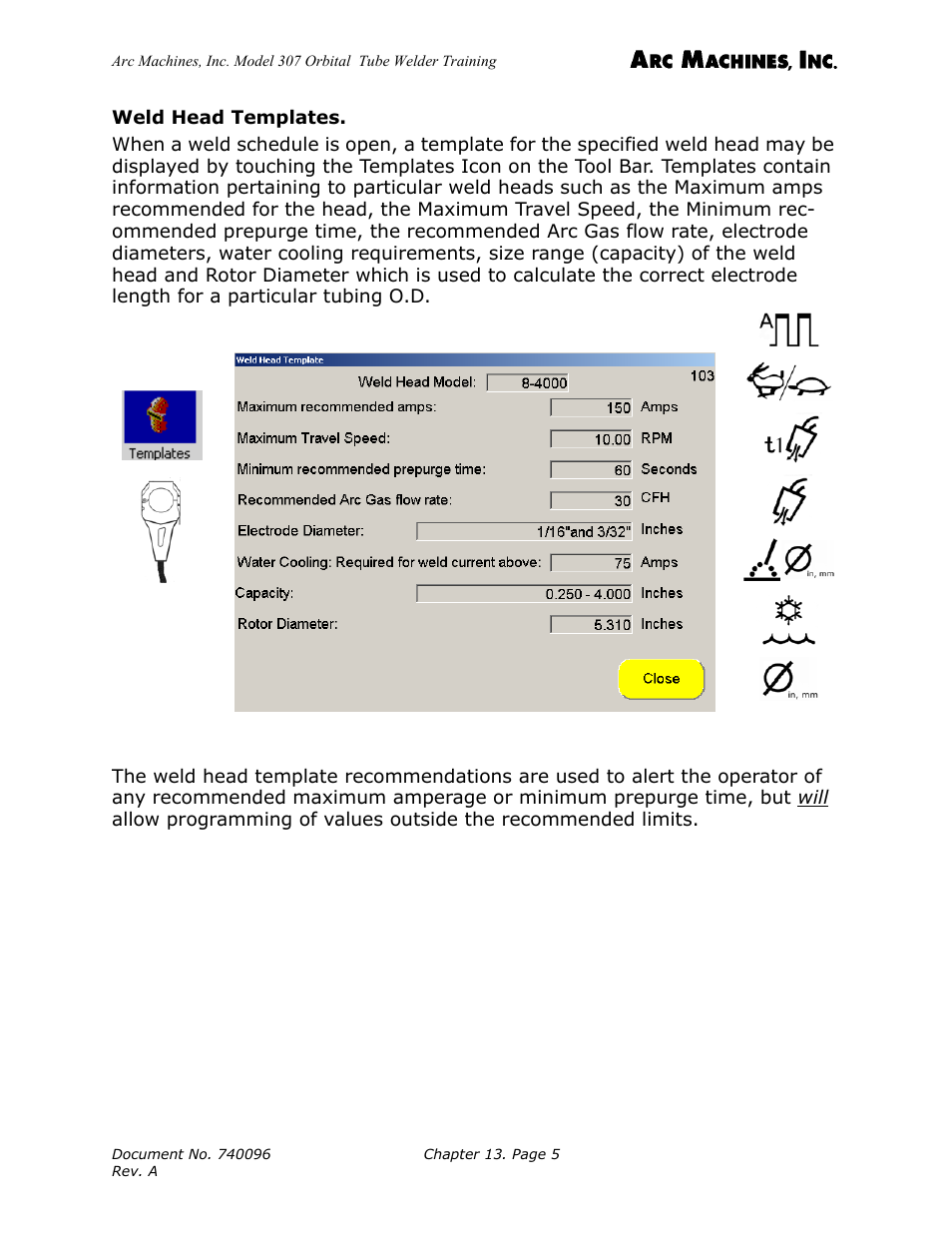 Weld head templates | Arc Machines 307 User Manual | Page 138 / 190
