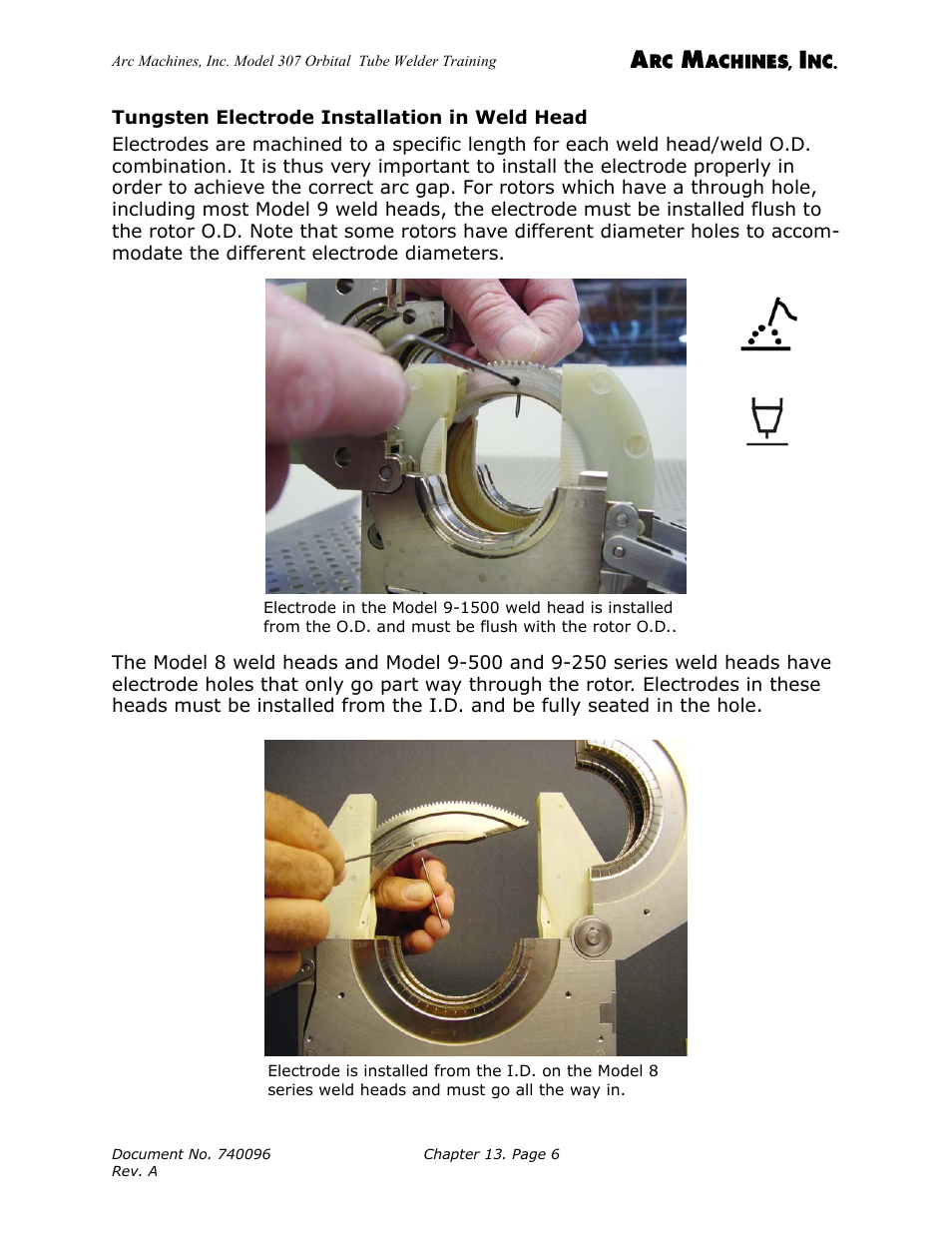 Tungsten electrode installation in weld head | Arc Machines 307 User Manual | Page 139 / 190