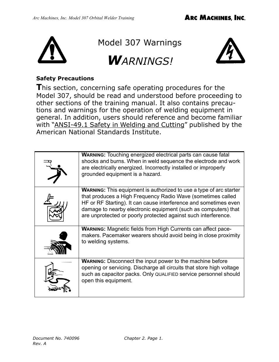 Warnings, Safety precautions, Arnings | Model 307 warnings | Arc Machines 307 User Manual | Page 14 / 190