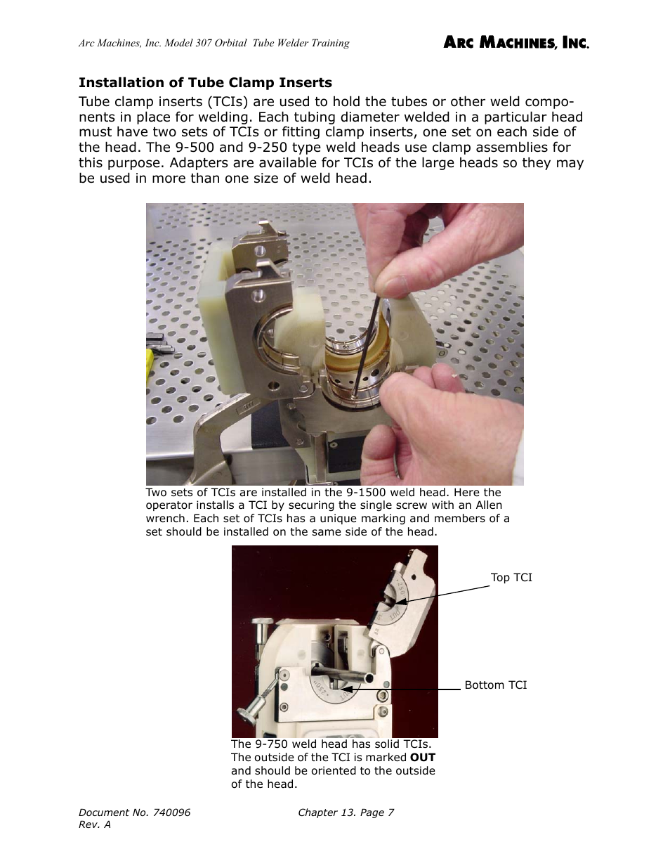 Installation of tube clamp inserts | Arc Machines 307 User Manual | Page 140 / 190
