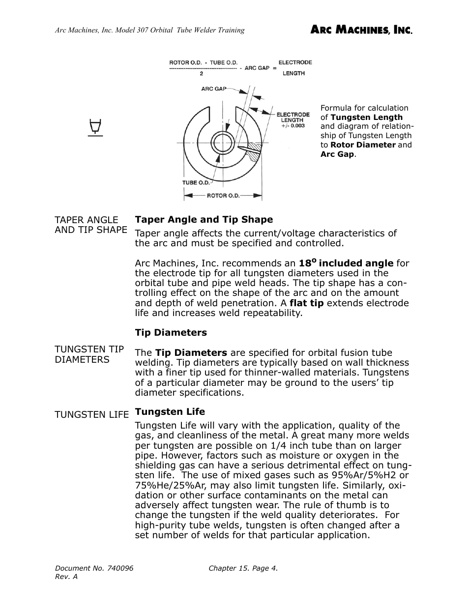 Taper angle and tip shape, Tungsten life | Arc Machines 307 User Manual | Page 151 / 190