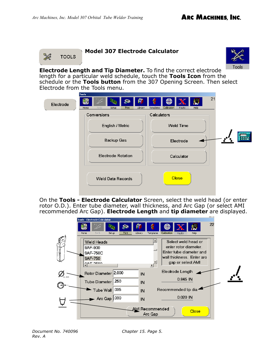 Model 307 electrode calculator | Arc Machines 307 User Manual | Page 152 / 190