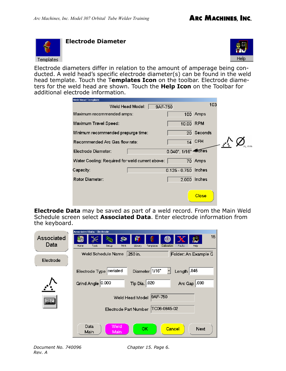 Electrode diameter | Arc Machines 307 User Manual | Page 153 / 190