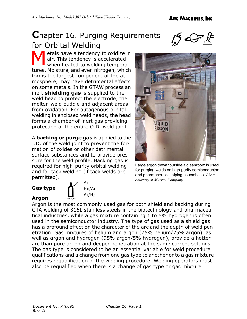 Gas type, Argon | Arc Machines 307 User Manual | Page 154 / 190