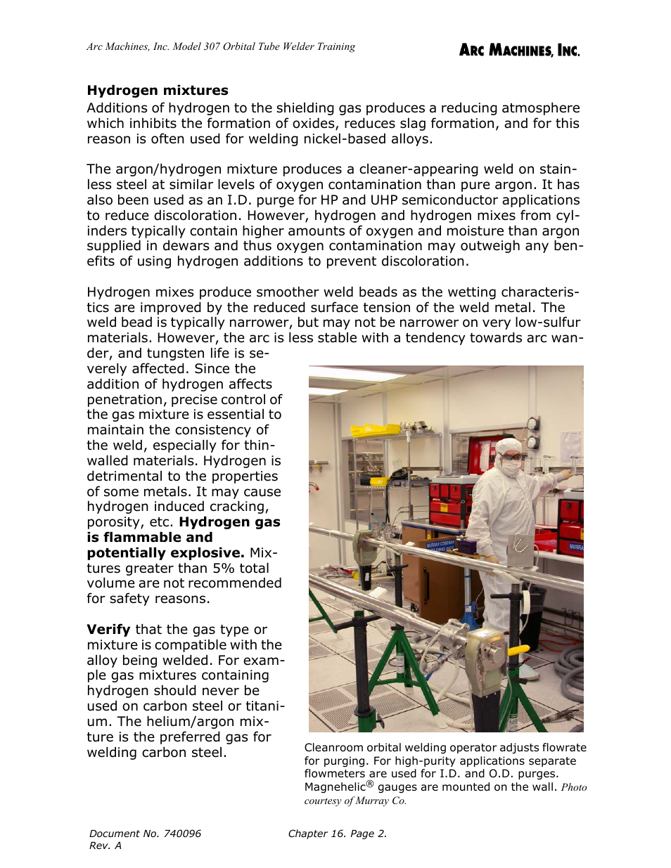 Hydrogen mixtures | Arc Machines 307 User Manual | Page 155 / 190
