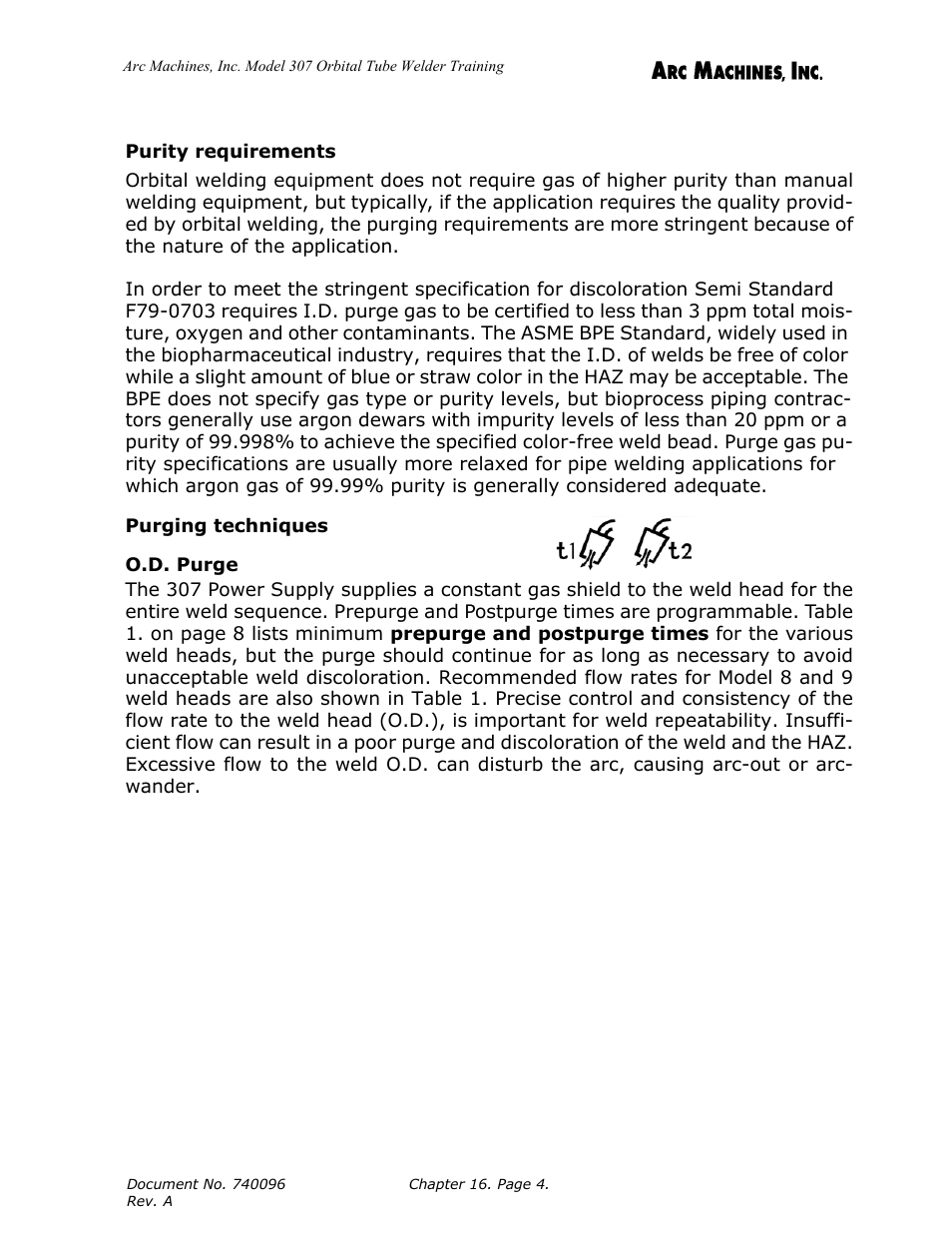 Purity requirements, Purging techniques, O.d. purge | Arc Machines 307 User Manual | Page 157 / 190