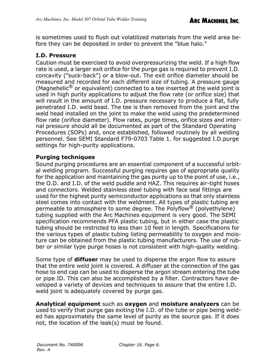 I.d. pressure, Purging techniques | Arc Machines 307 User Manual | Page 159 / 190