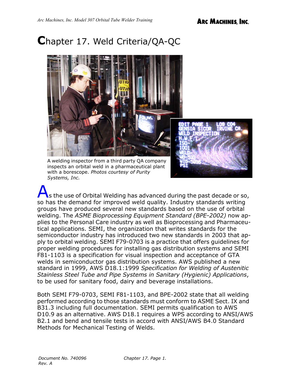 Chapter 17. weld criteria/qa-qc, Hapter 17. weld criteria/qa-qc | Arc Machines 307 User Manual | Page 162 / 190