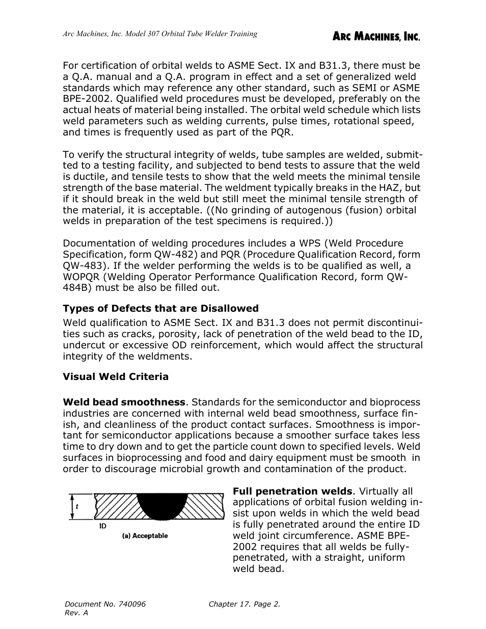 Types of defects that are disallowed, Visual weld criteria | Arc Machines 307 User Manual | Page 163 / 190