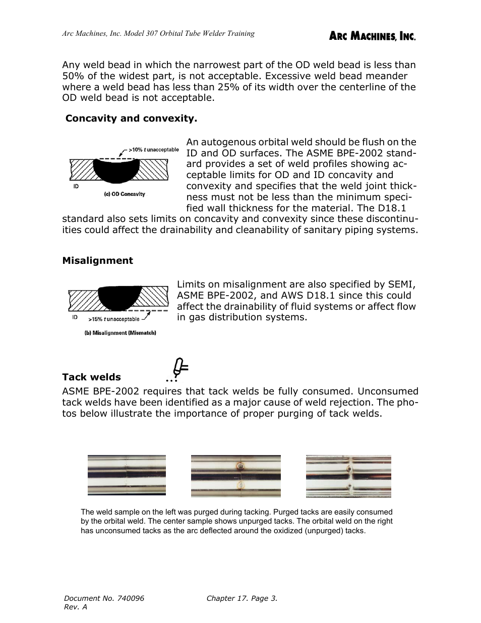 Concavity and convexity, Misalignment, Tack welds | Arc Machines 307 User Manual | Page 164 / 190