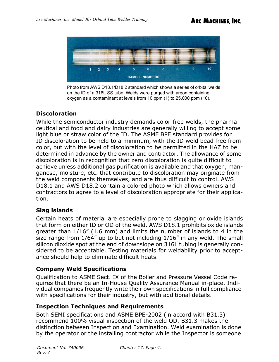 Discoloration, Slag islands, Company weld specifications | Inspection techniques and requirements | Arc Machines 307 User Manual | Page 165 / 190