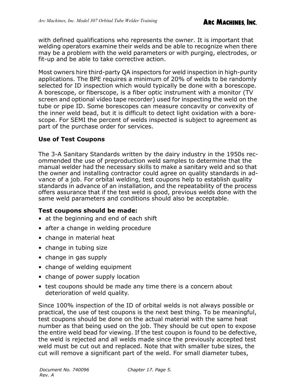 Use of test coupons, Test coupons should be made | Arc Machines 307 User Manual | Page 166 / 190