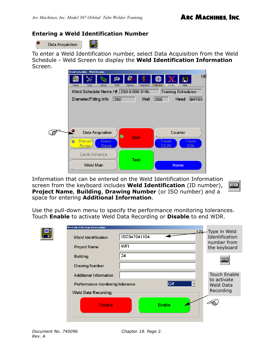 Entering a weld identification number | Arc Machines 307 User Manual | Page 169 / 190