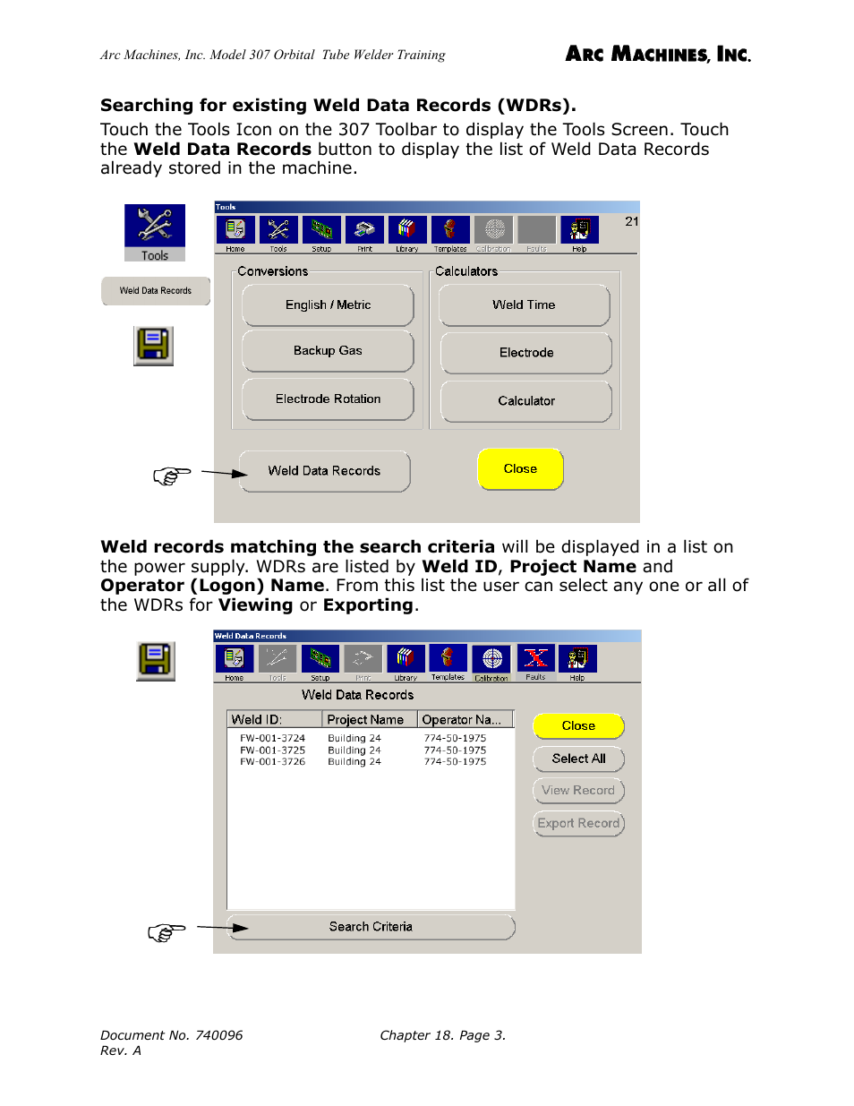 Searching for existing weld data records (wdrs) | Arc Machines 307 User Manual | Page 170 / 190