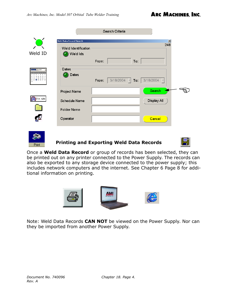Printing and exporting weld data records | Arc Machines 307 User Manual | Page 171 / 190