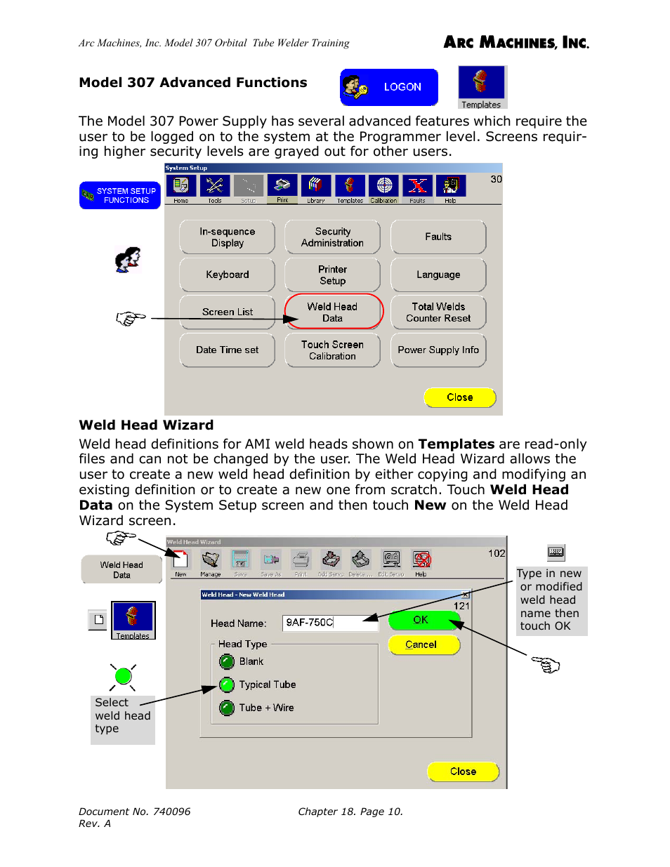 Model 307 advanced functions, Weld head wizard | Arc Machines 307 User Manual | Page 177 / 190