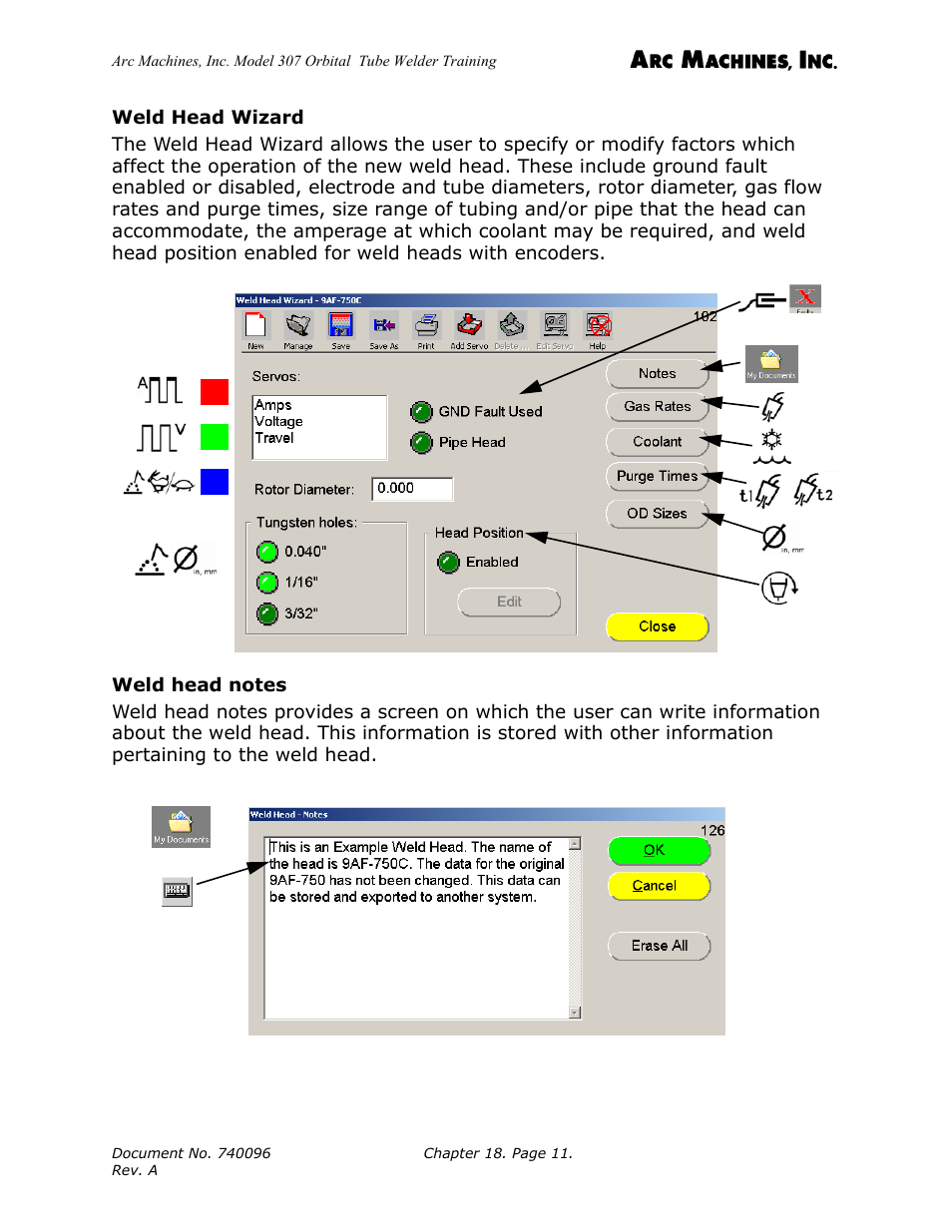 Weld head wizard, Weld head notes | Arc Machines 307 User Manual | Page 178 / 190