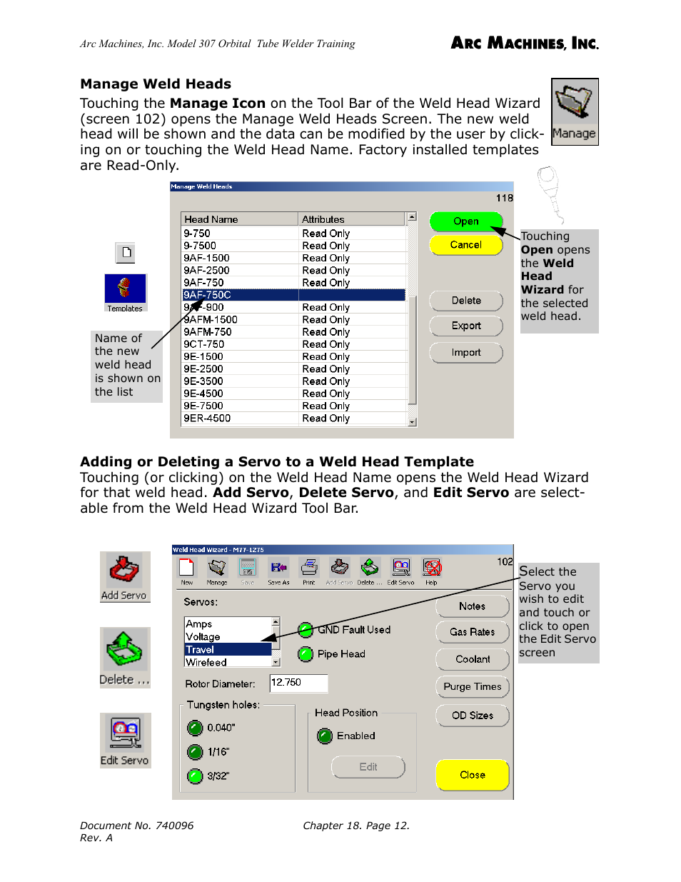 Manage weld heads | Arc Machines 307 User Manual | Page 179 / 190