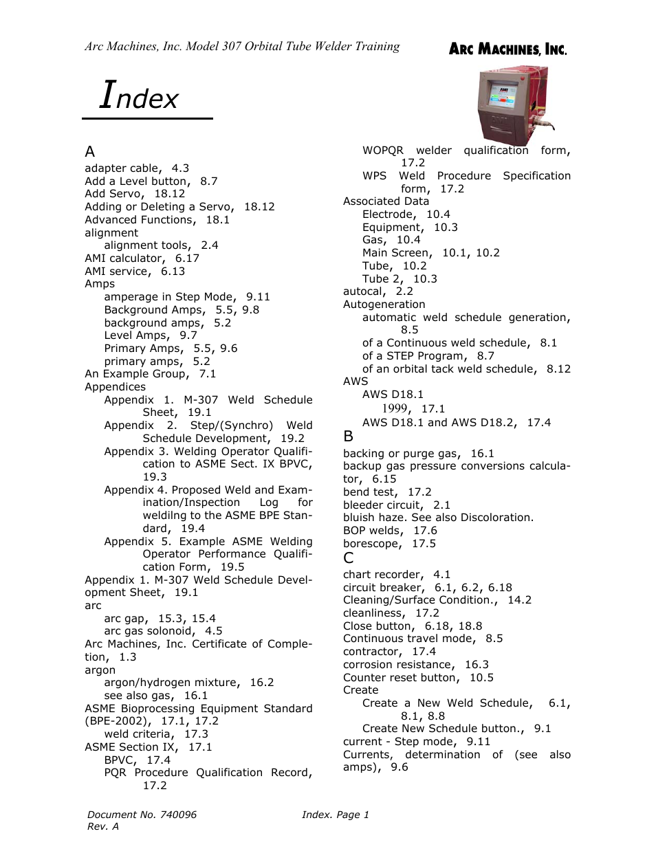 Index, Ndex | Arc Machines 307 User Manual | Page 186 / 190