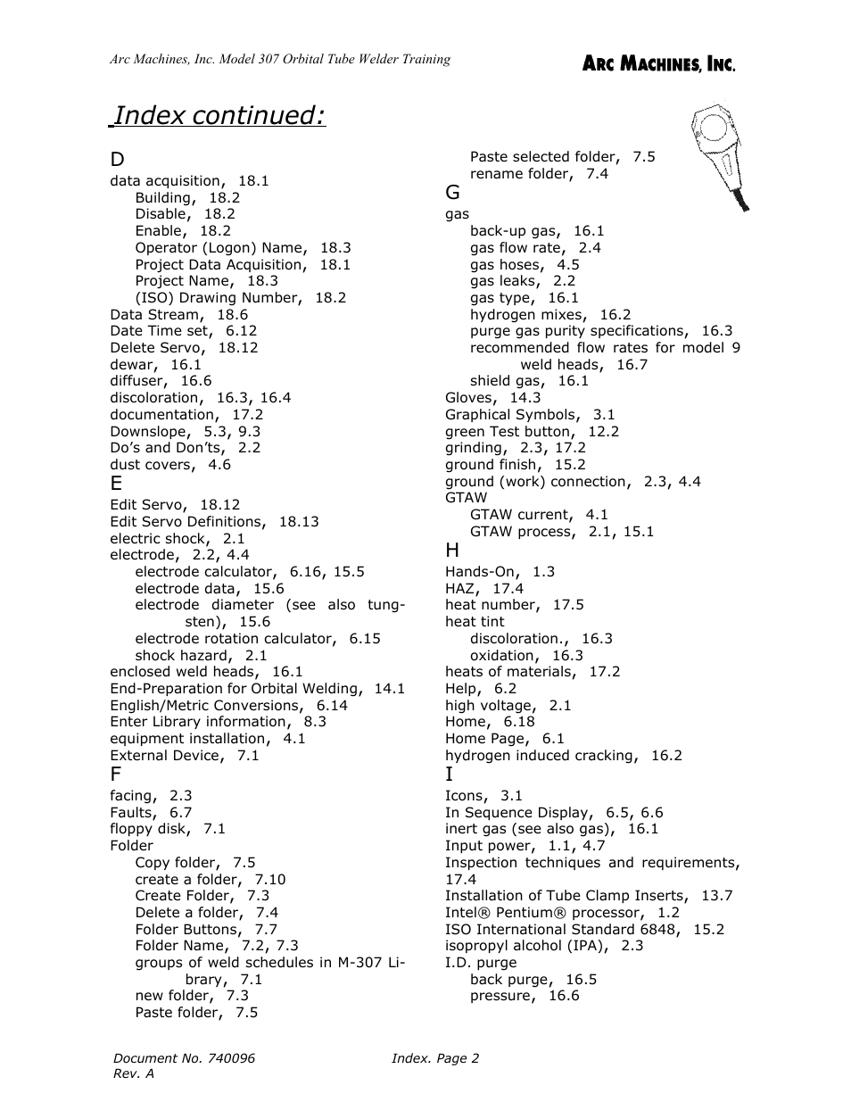 Index continued | Arc Machines 307 User Manual | Page 187 / 190