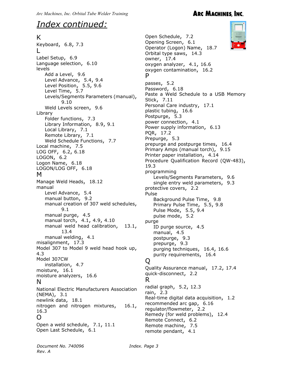 Index continued | Arc Machines 307 User Manual | Page 188 / 190