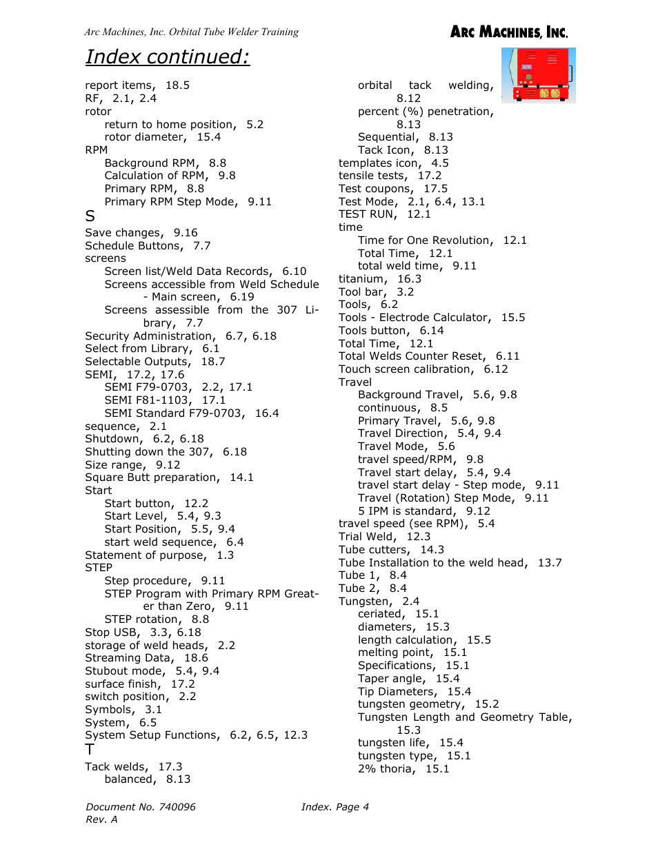 Index continued | Arc Machines 307 User Manual | Page 189 / 190
