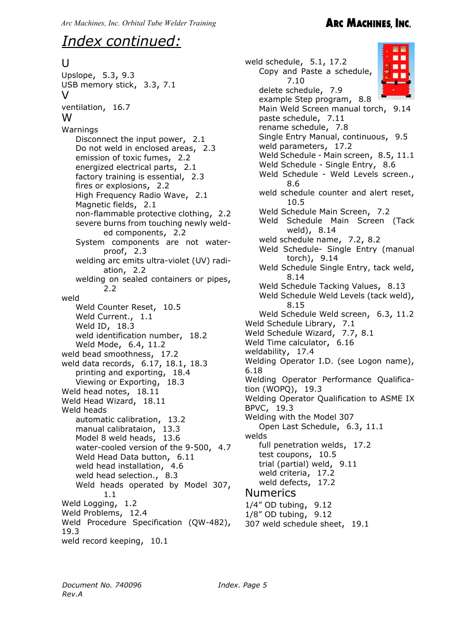 Index continued, Numerics | Arc Machines 307 User Manual | Page 190 / 190