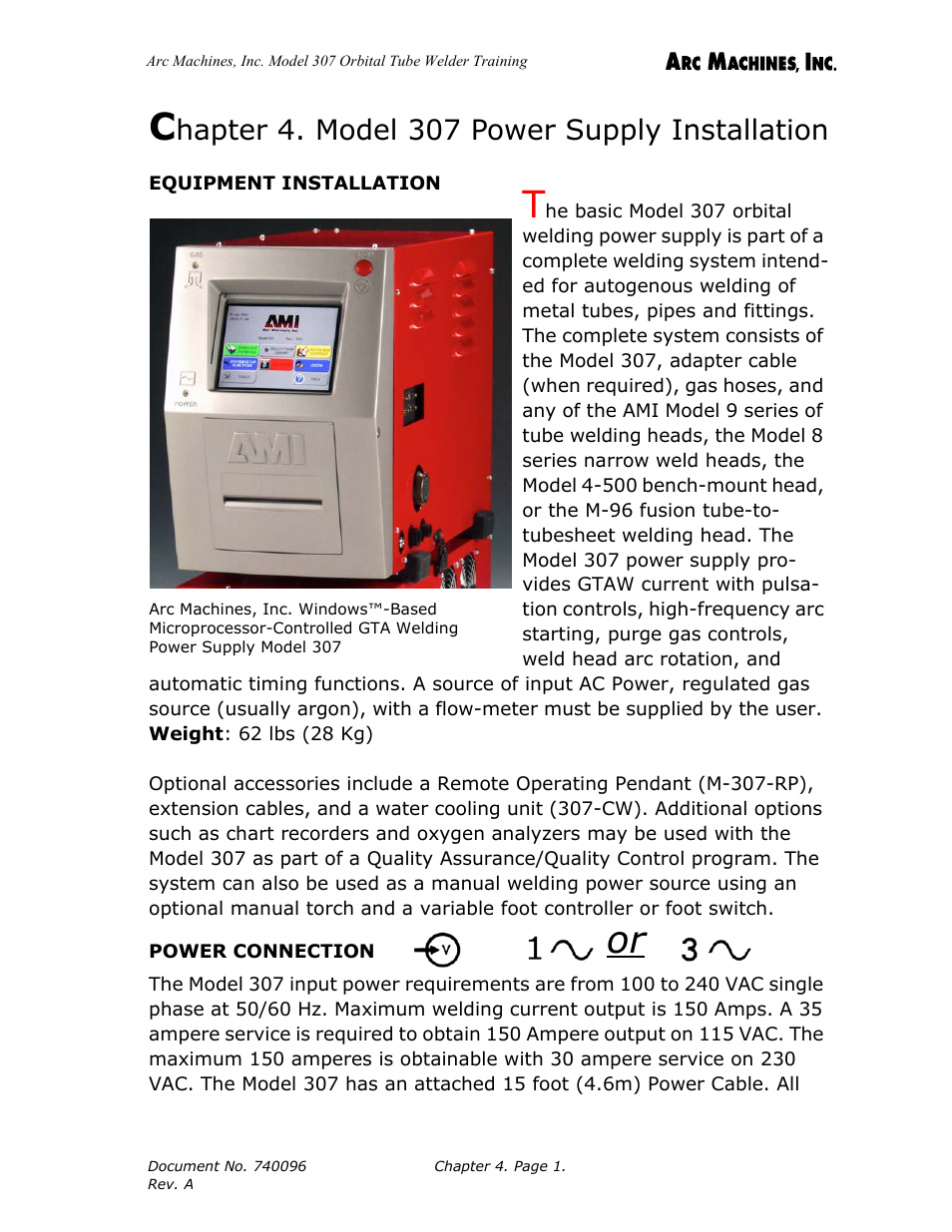 Chapter 4. model 307 power supply installation, Equipment installation, Power connection | Hapter 4. model 307 power supply installation | Arc Machines 307 User Manual | Page 35 / 190