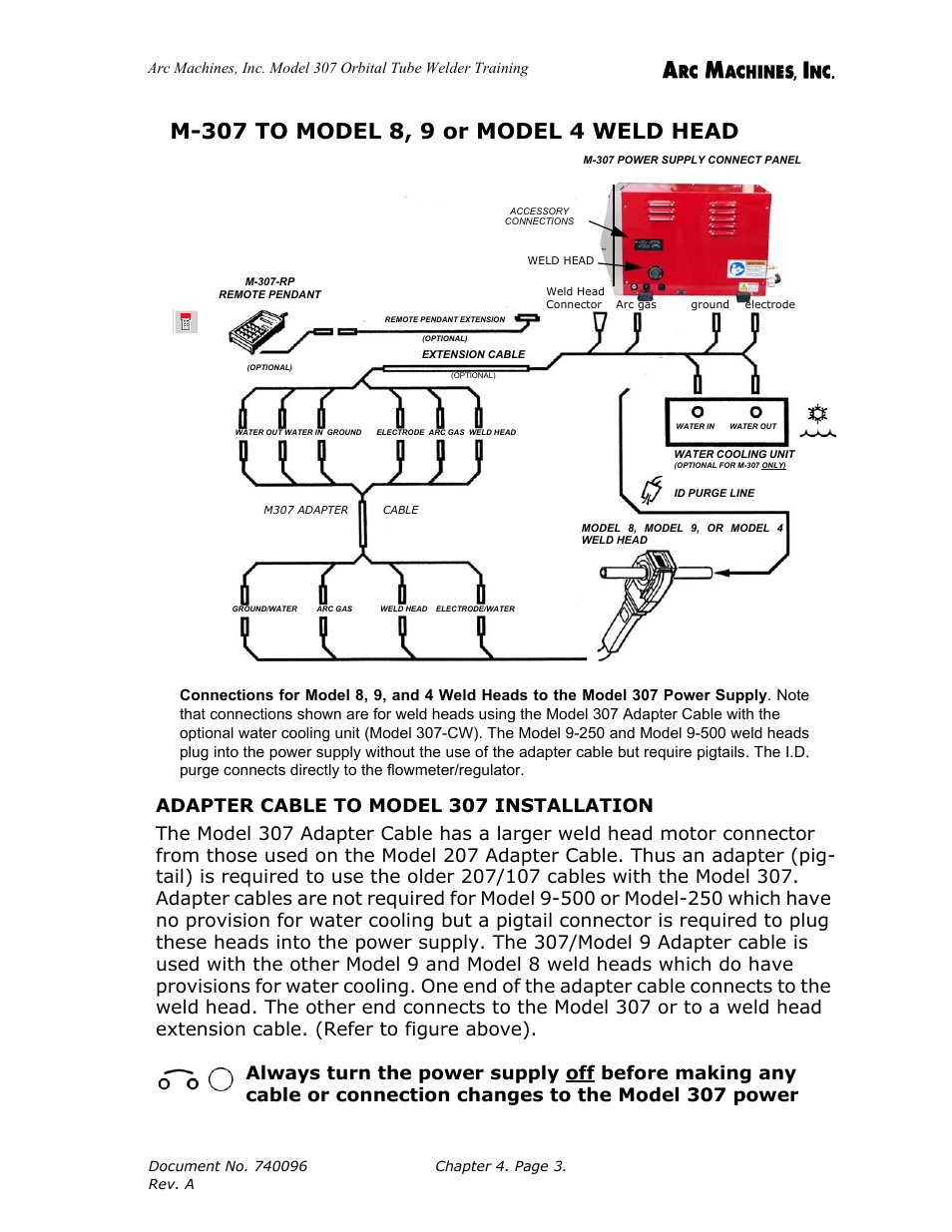 Adapter cable to model 307 installation, M-307 to model 8, 9 or model 4 weld head hook up | Arc Machines 307 User Manual | Page 37 / 190