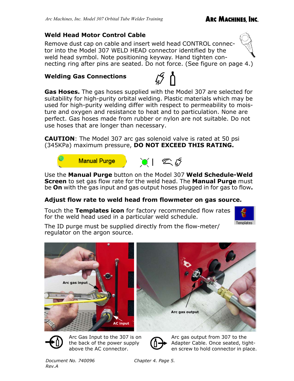 Weld head motor control cable, Welding gas connections | Arc Machines 307 User Manual | Page 39 / 190