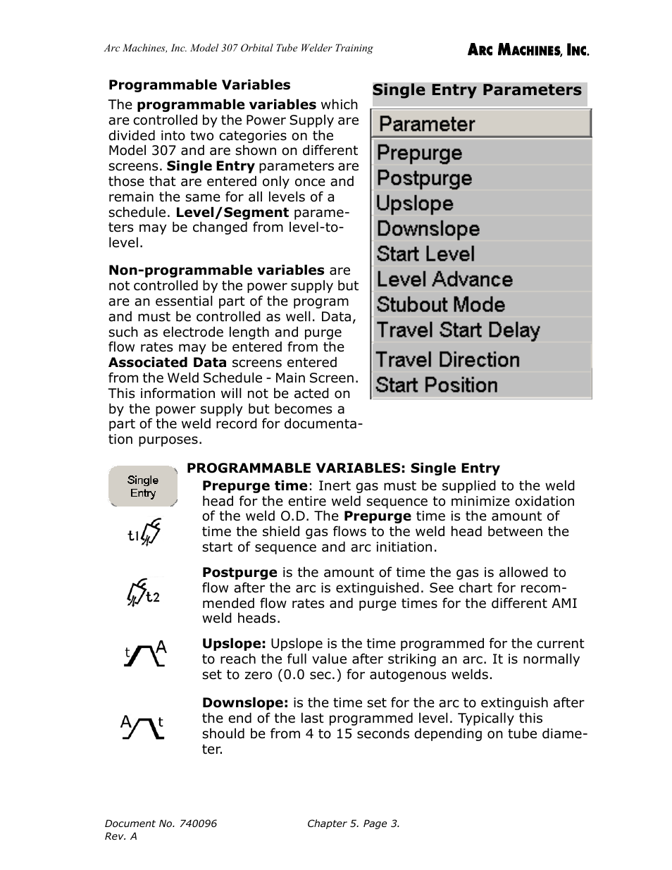 Programmable variables, Programmable variables: single entry | Arc Machines 307 User Manual | Page 52 / 190