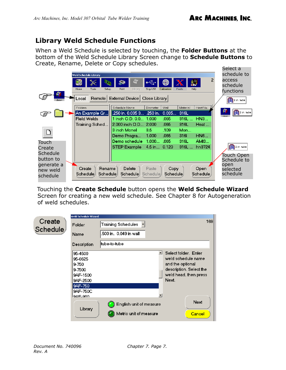 Library weld schedule functions | Arc Machines 307 User Manual | Page 82 / 190