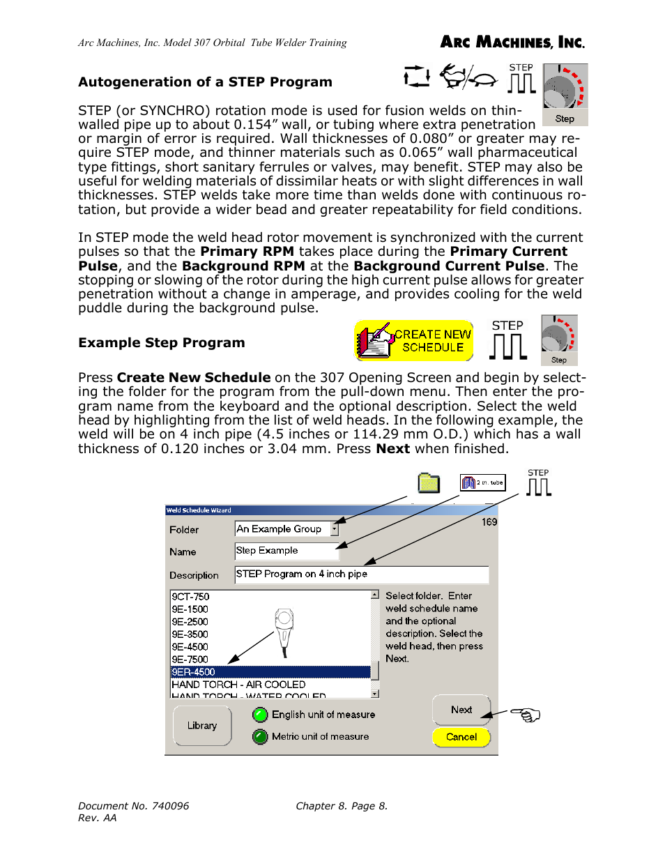 Autogeneration of a step program | Arc Machines 307 User Manual | Page 96 / 190