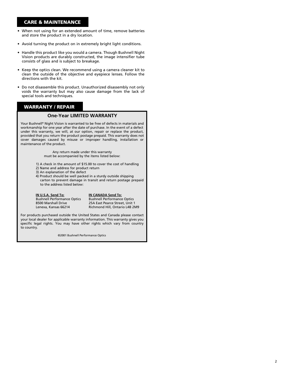 One-year limited warranty, Care & maintenance, Warranty / repair | Bushnell 26-2429  EN User Manual | Page 2 / 2
