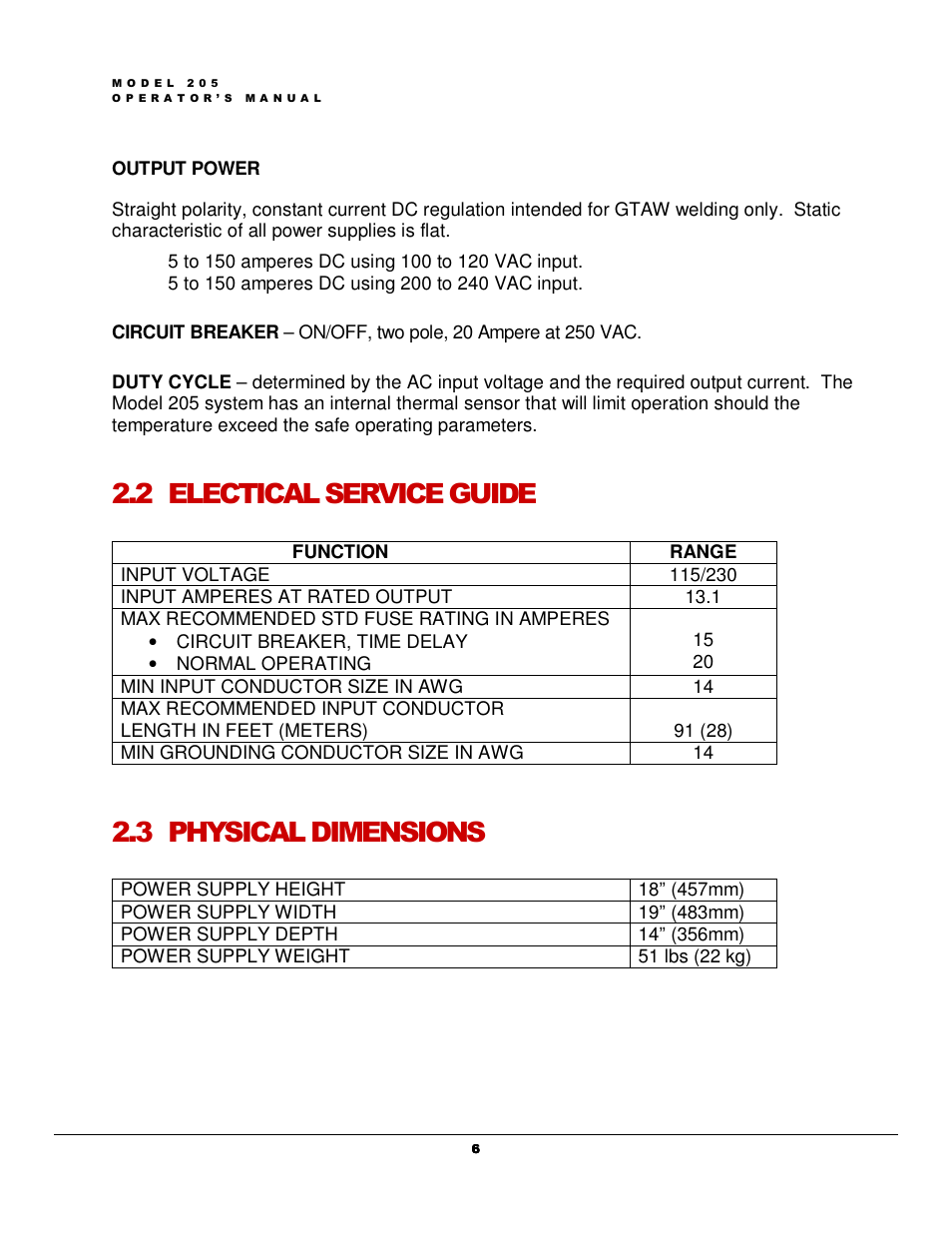 2 electical service guide, 3 physical dimensions | Arc Machines 205 WDR User Manual | Page 10 / 59