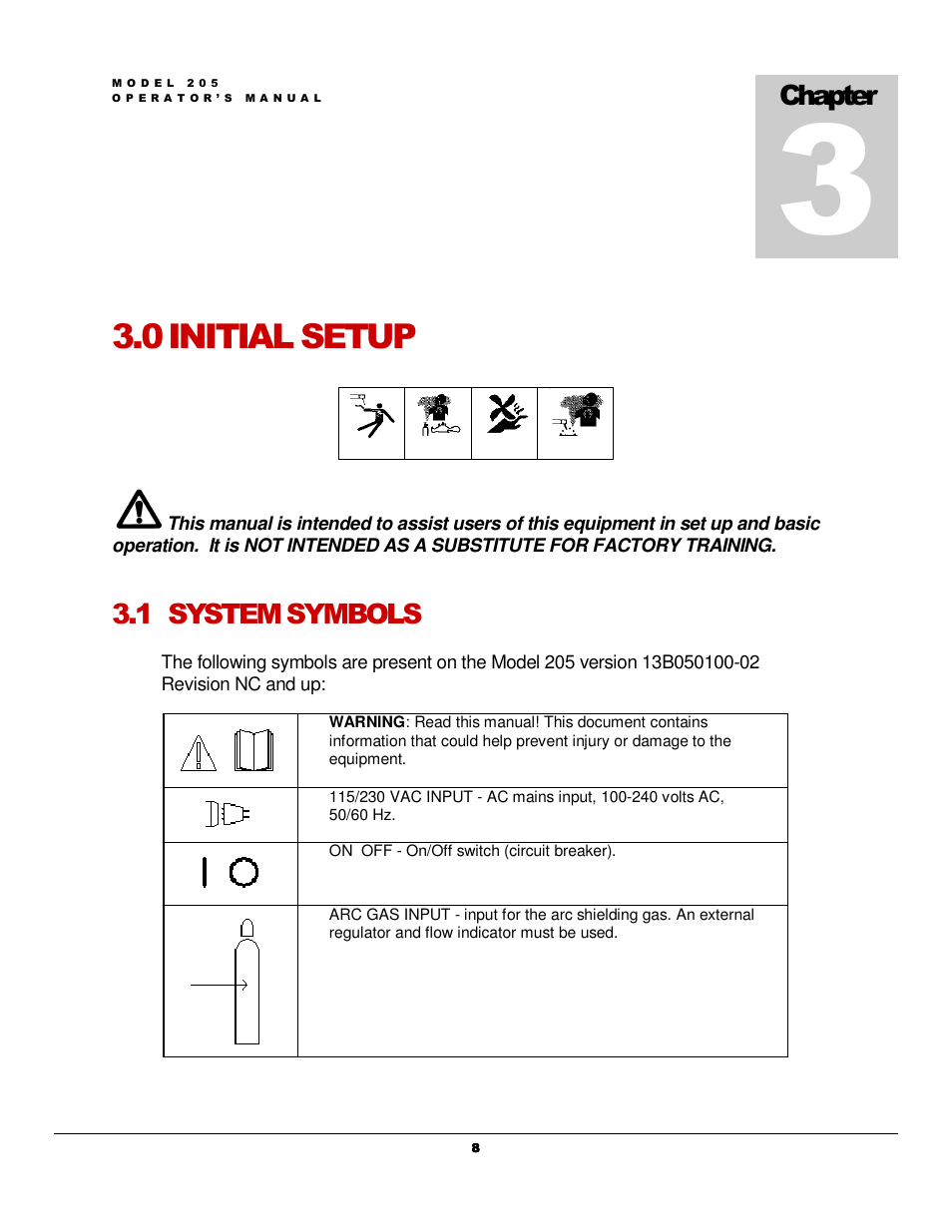 0 initial setup, 1 system symbols, Chapter | Arc Machines 205 WDR User Manual | Page 12 / 59