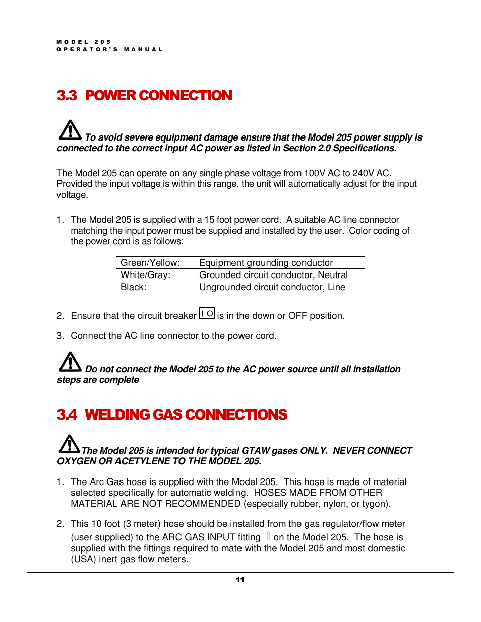3 power connection, 4 welding gas connections | Arc Machines 205 WDR User Manual | Page 15 / 59