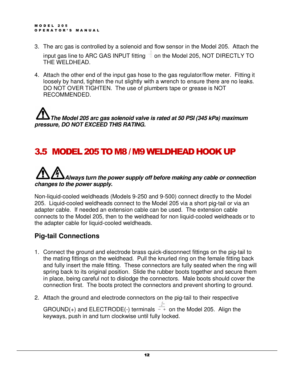 Pig-tail connections | Arc Machines 205 WDR User Manual | Page 16 / 59