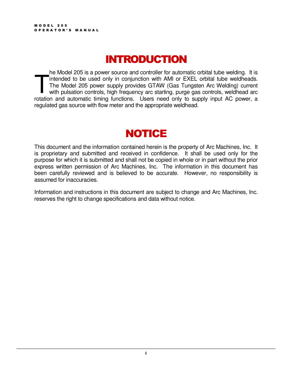 Introduction, Notice | Arc Machines 205 WDR User Manual | Page 2 / 59